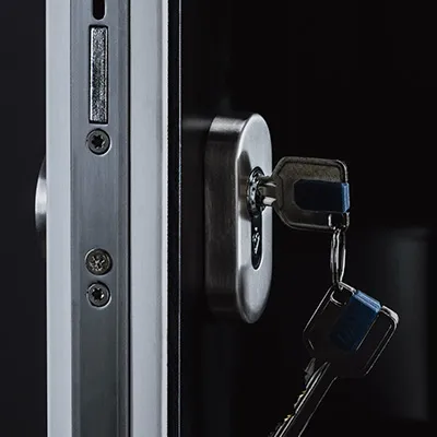 Keys in a high-security cylinder beside the multipoint lock keep on a door edge