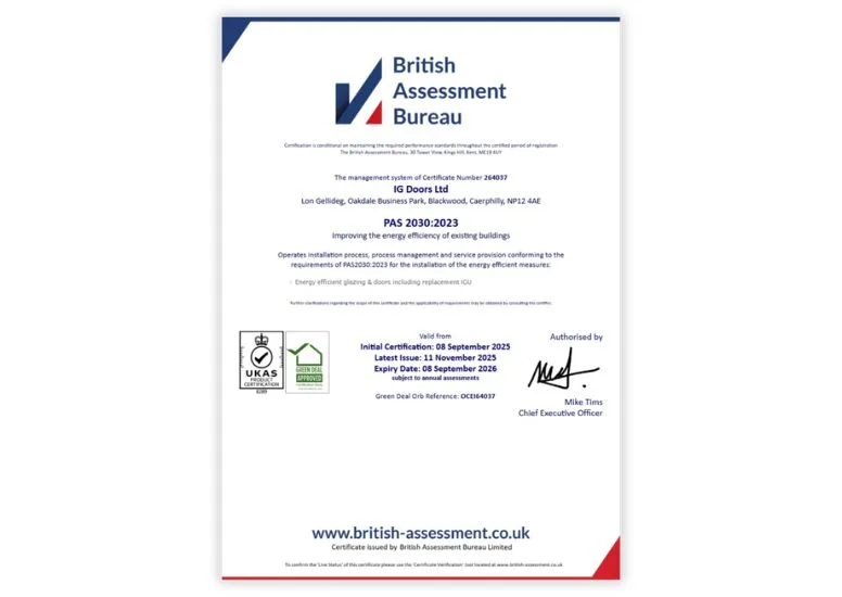 PAS 2030 certificate issued to IG Doors Ltd by the British Assessment Bureau