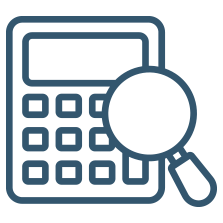 Calculator with magnifying glass icon representing annual carbon footprint calculation