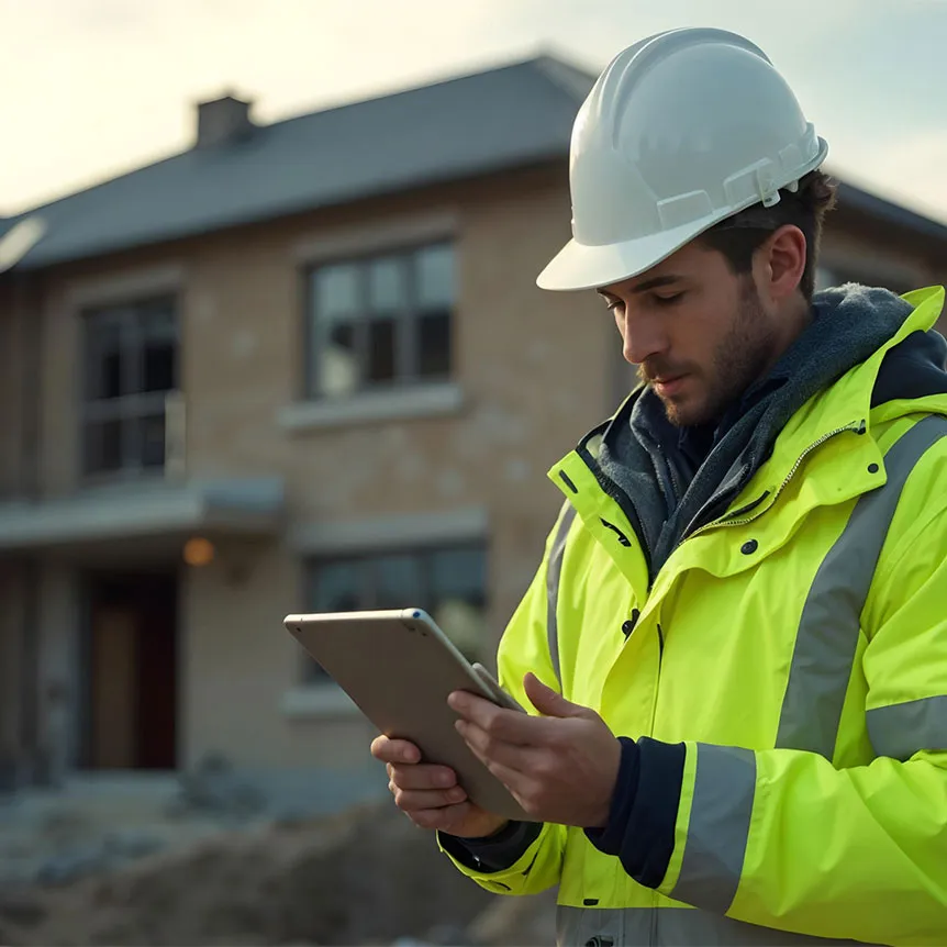Contractor in a hi-vis jacket and hard hat reviewing documents on a tablet outside a new-build house