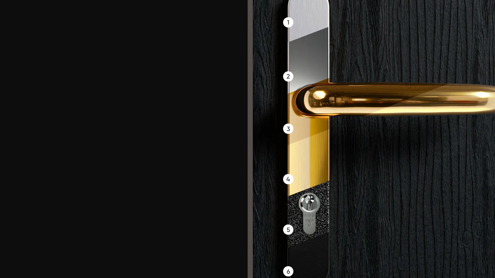 Door handle striped into the six stainless steel finishes with numbered callouts, on a black woodgrain door